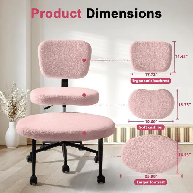 Alt view image 3 of 6 - Ergonomic Cross Legged Office Chair with Wheels, ADHD Chair for Adults, Meditation Chair, Yoga Office Chair (Pink)