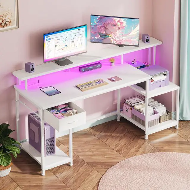 Main image of White Office Desk with 55" Long Monitor Stand and 18" Ample Printer Space, Computer Desk With RGB Lights and 3 AC Power Outlets, Zoned Storage Drawer and File Shelves, Study Desk, Writing Desk