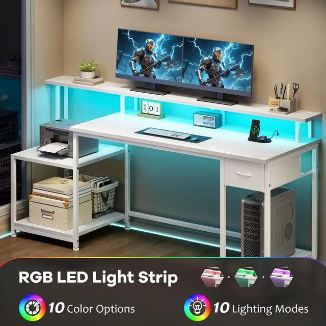Alt view image 2 of 6 - White Office Desk with 55" Long Monitor Stand and 18" Ample Printer Space, Computer Desk With RGB Lights and 3 AC Power Outlets, Zoned Storage Drawer and File Shelves, Study Desk, Writing Desk