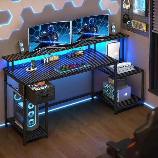 Main image of Black Gaming Desk With RGB Lights and 3 AC Power Outlets,Office Computer Desk with 55" Long Monitor Stand,18"Ample Printer Space,Storage Drawer and File Shelves,Study Desk,Bedroom Writing Desk
