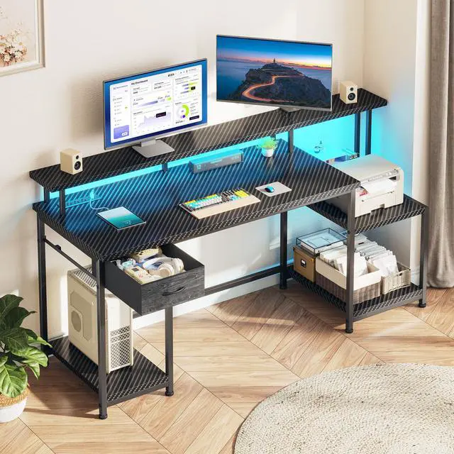 Alt view image 3 of 6 - Black Gaming Desk With RGB Lights and 3 AC Power Outlets,Office Computer Desk with 55" Long Monitor Stand,18"Ample Printer Space,Storage Drawer and File Shelves,Study Desk,Bedroom Writing Desk