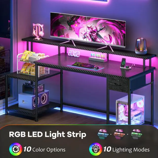 Alt view image 4 of 6 - Black Gaming Desk With RGB Lights and 3 AC Power Outlets,Office Computer Desk with 55" Long Monitor Stand,18"Ample Printer Space,Storage Drawer and File Shelves,Study Desk,Bedroom Writing Desk