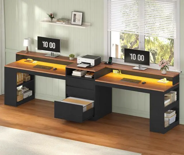 Main image of 96.6" Long Computer Desk, 2 Person Desk with LED Lights & Power Outlet, Modern Two Person Gaming Desk with File Drawers, Monitor Stand, Printer Shelf & Storage, Double Table for Home Office Black