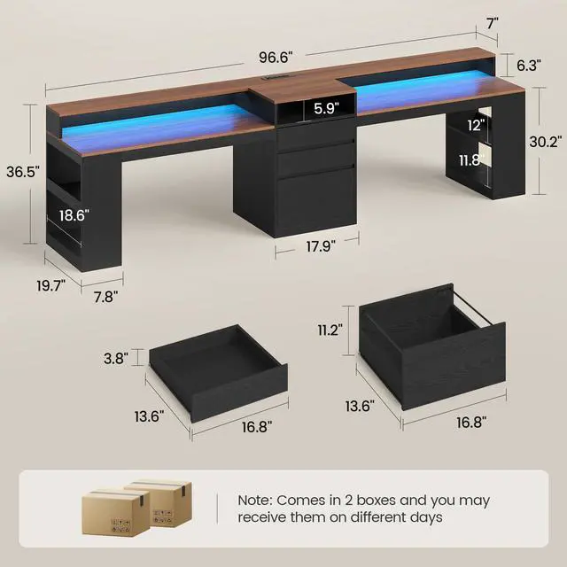 Alt view image 2 of 6 - 96.6" Long Computer Desk, 2 Person Desk with LED Lights & Power Outlet, Modern Two Person Gaming Desk with File Drawers, Monitor Stand, Printer Shelf & Storage, Double Table for Home Office Black