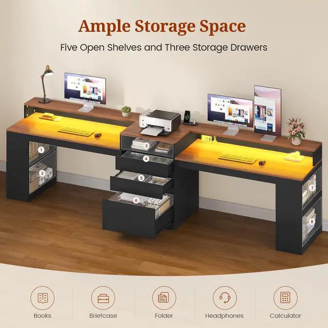 Alt view image 5 of 6 - 96.6" Long Computer Desk, 2 Person Desk with LED Lights & Power Outlet, Modern Two Person Gaming Desk with File Drawers, Monitor Stand, Printer Shelf & Storage, Double Table for Home Office Black