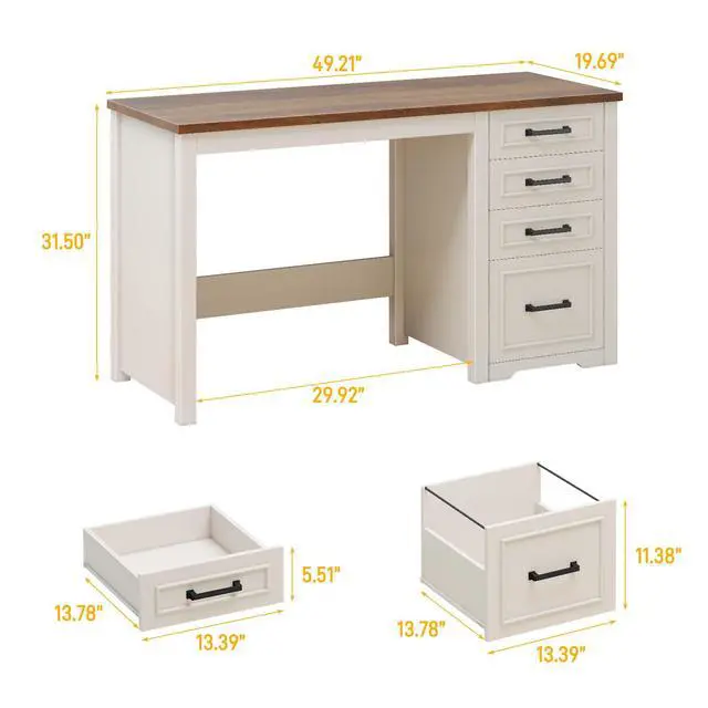 Alt view image 2 of 6 - Farmhouse 49 Executive Desk with File Drawer, 4 Drawers Reversible Computer Desk with Storage, Rustic Home Writing Workstation for Home Office.White Brown