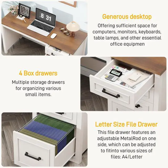 Alt view image 3 of 6 - Farmhouse 49 Executive Desk with File Drawer, 4 Drawers Reversible Computer Desk with Storage, Rustic Home Writing Workstation for Home Office.White Brown