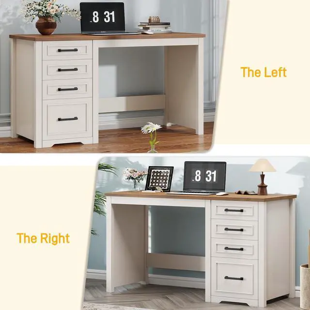 Alt view image 4 of 6 - Farmhouse 49 Executive Desk with File Drawer, 4 Drawers Reversible Computer Desk with Storage, Rustic Home Writing Workstation for Home Office.White Brown