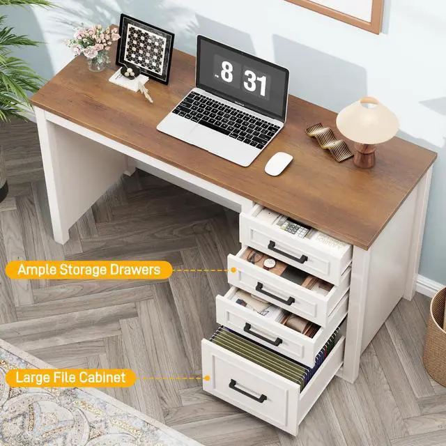 Alt view image 5 of 6 - Farmhouse 49 Executive Desk with File Drawer, 4 Drawers Reversible Computer Desk with Storage, Rustic Home Writing Workstation for Home Office.White Brown
