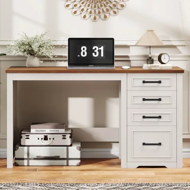 Alt view image 6 of 6 - Farmhouse 49 Executive Desk with File Drawer, 4 Drawers Reversible Computer Desk with Storage, Rustic Home Writing Workstation for Home Office.White Brown