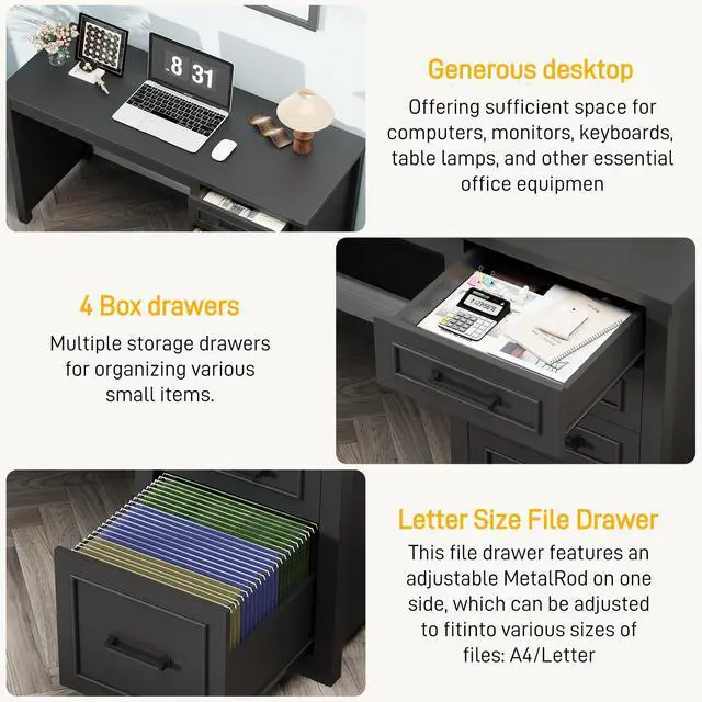 Alt view image 3 of 6 - Farmhouse 49 Executive Desk with File Drawer, 4 Drawers Reversible Computer Desk with Storage, Rustic Home Writing Workstation for Home Office.Black