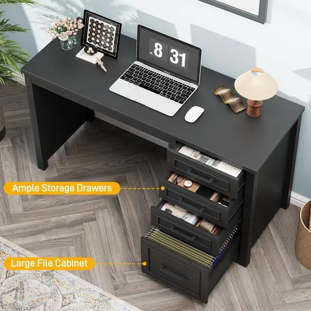 Alt view image 5 of 6 - Farmhouse 49 Executive Desk with File Drawer, 4 Drawers Reversible Computer Desk with Storage, Rustic Home Writing Workstation for Home Office.Black