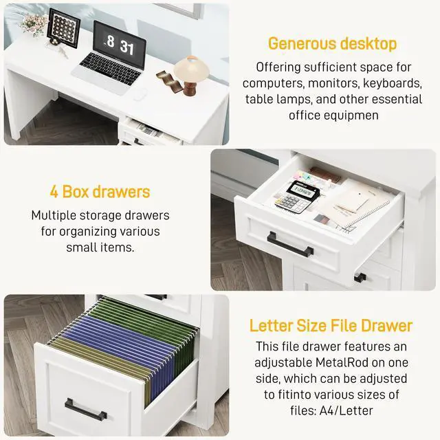 Alt view image 4 of 6 - Farmhouse 49 Executive Desk with File Drawer, 4 Drawers Reversible Computer Desk with Storage, Rustic Home Writing Workstation for Home Office, Cream White