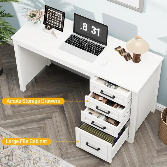 Alt view image 5 of 6 - Farmhouse 49 Executive Desk with File Drawer, 4 Drawers Reversible Computer Desk with Storage, Rustic Home Writing Workstation for Home Office, Cream White