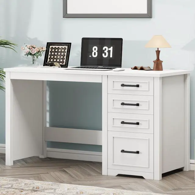 Alt view image 6 of 6 - Farmhouse 49 Executive Desk with File Drawer, 4 Drawers Reversible Computer Desk with Storage, Rustic Home Writing Workstation for Home Office, Cream White