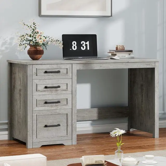 Main image of Farmhouse 49 Executive Desk with File Drawer, 4 Drawers Reversible Computer Desk with Storage, Rustic Home Writing Workstation for Home Office.Grey