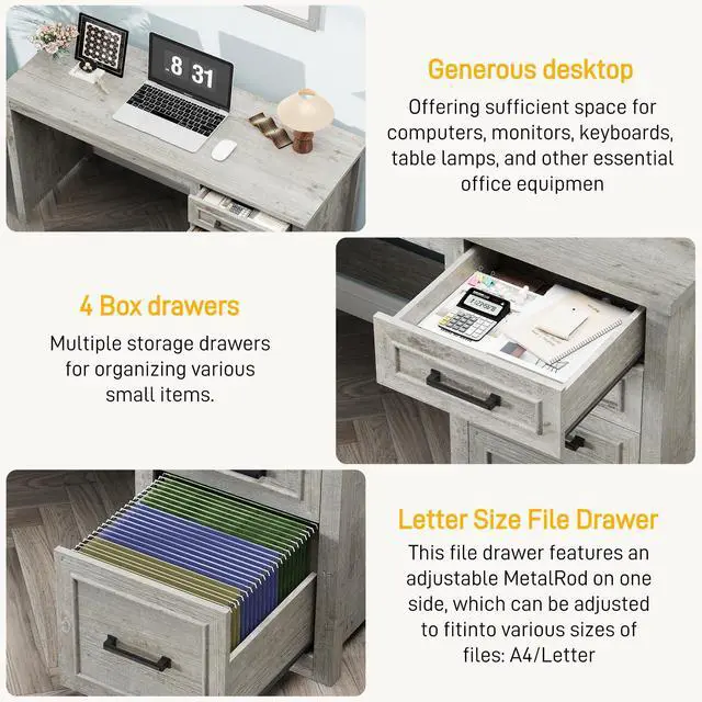 Alt view image 2 of 6 - Farmhouse 49 Executive Desk with File Drawer, 4 Drawers Reversible Computer Desk with Storage, Rustic Home Writing Workstation for Home Office.Grey