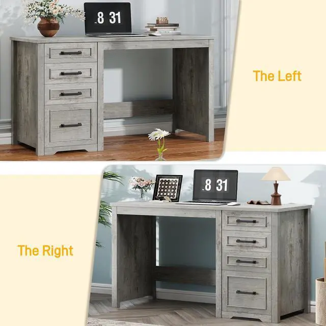 Alt view image 3 of 6 - Farmhouse 49 Executive Desk with File Drawer, 4 Drawers Reversible Computer Desk with Storage, Rustic Home Writing Workstation for Home Office.Grey