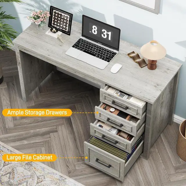Alt view image 4 of 6 - Farmhouse 49 Executive Desk with File Drawer, 4 Drawers Reversible Computer Desk with Storage, Rustic Home Writing Workstation for Home Office.Grey