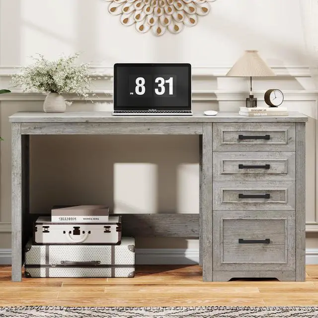 Alt view image 5 of 6 - Farmhouse 49 Executive Desk with File Drawer, 4 Drawers Reversible Computer Desk with Storage, Rustic Home Writing Workstation for Home Office.Grey