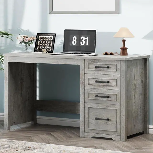 Alt view image 6 of 6 - Farmhouse 49 Executive Desk with File Drawer, 4 Drawers Reversible Computer Desk with Storage, Rustic Home Writing Workstation for Home Office.Grey