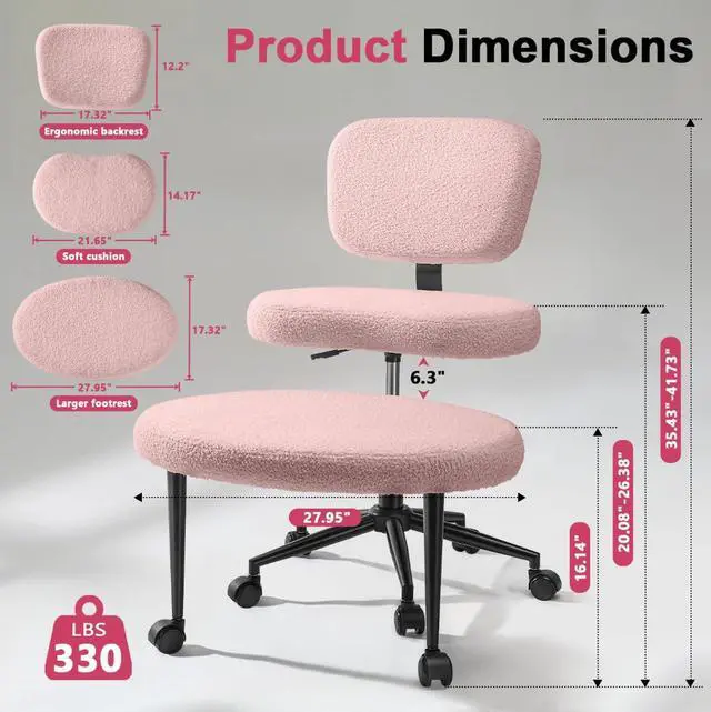 Alt view image 2 of 6 - Ergonomic Cross Legged Office Chair,ADHD Chair for Adults,Height Adjustable Meditation Chair with Wheels,Teddy Fabric Yoga Kneeling Chairs with Comfortable Back Support (Pink)