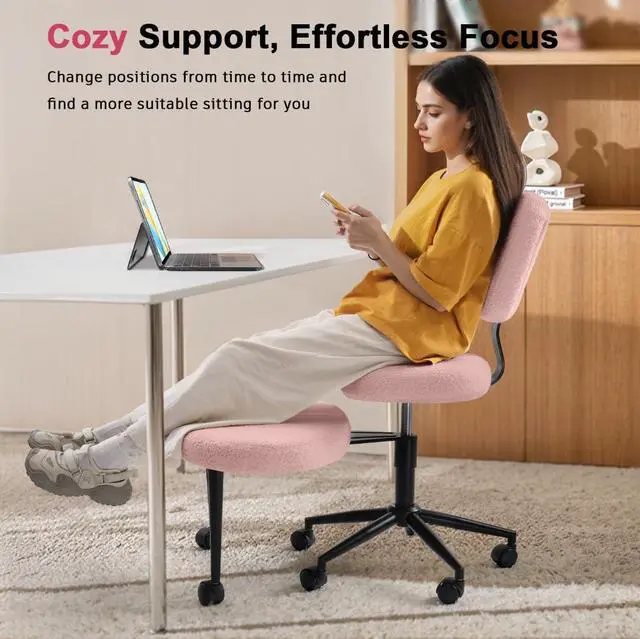 Alt view image 5 of 6 - Ergonomic Cross Legged Office Chair,ADHD Chair for Adults,Height Adjustable Meditation Chair with Wheels,Teddy Fabric Yoga Kneeling Chairs with Comfortable Back Support (Pink)