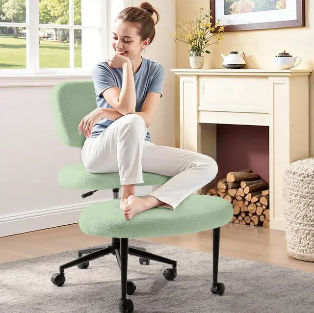 Main image of Ergonomic Cross Legged Office Chair, ADHD Chair for Adults, Height Adjustable Meditation Chair with Wheels, Teddy Fabric Yoga Kneeling Chairs with Comfortable Back Support (Green)
