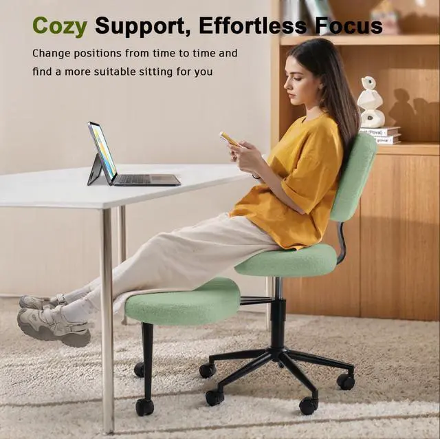 Alt view image 5 of 6 - Ergonomic Cross Legged Office Chair, ADHD Chair for Adults, Height Adjustable Meditation Chair with Wheels, Teddy Fabric Yoga Kneeling Chairs with Comfortable Back Support (Green)