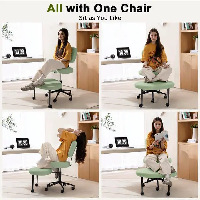 Alt view image 6 of 6 - Ergonomic Cross Legged Office Chair, ADHD Chair for Adults, Height Adjustable Meditation Chair with Wheels, Teddy Fabric Yoga Kneeling Chairs with Comfortable Back Support (Green)