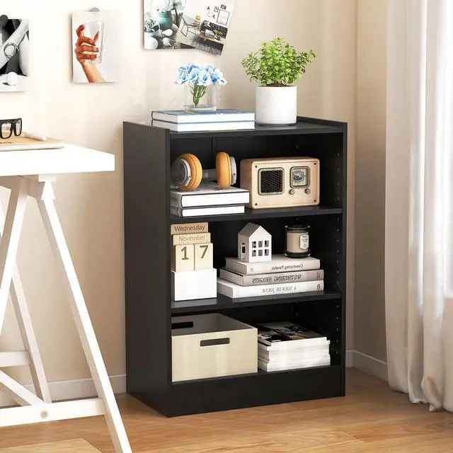 Alt view image 4 of 6 - 3 Tier Bookcase, Floor Standing Open Bookshelf with 18-Position Adjustable Shelves, Anti-toppling Device, Modern Multipurpose Display Storage Organizer for Living Room Study (2, Black)