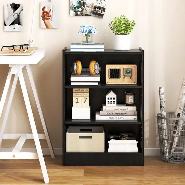 Alt view image 5 of 6 - 3 Tier Bookcase, Floor Standing Open Bookshelf with 18-Position Adjustable Shelves, Anti-toppling Device, Modern Multipurpose Display Storage Organizer for Living Room Study (2, Black)