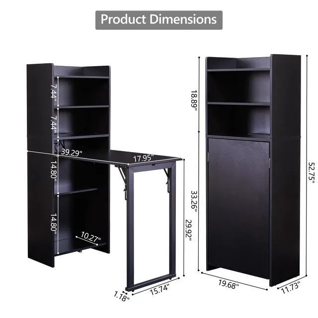 Alt view image 2 of 6 - Foldable Desk with Storage,Hidden Desk with Built-in Socket,Fold Out Writing Table for Small Spaces,Home Office and Bedroom (Black)