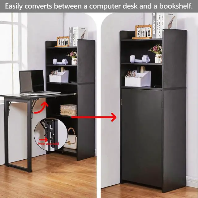 Alt view image 3 of 6 - Foldable Desk with Storage,Hidden Desk with Built-in Socket,Fold Out Writing Table for Small Spaces,Home Office and Bedroom (Black)