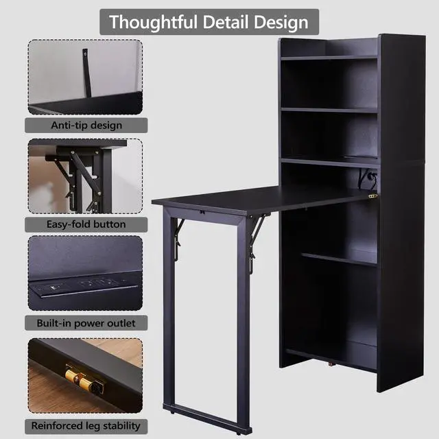 Alt view image 5 of 6 - Foldable Desk with Storage,Hidden Desk with Built-in Socket,Fold Out Writing Table for Small Spaces,Home Office and Bedroom (Black)