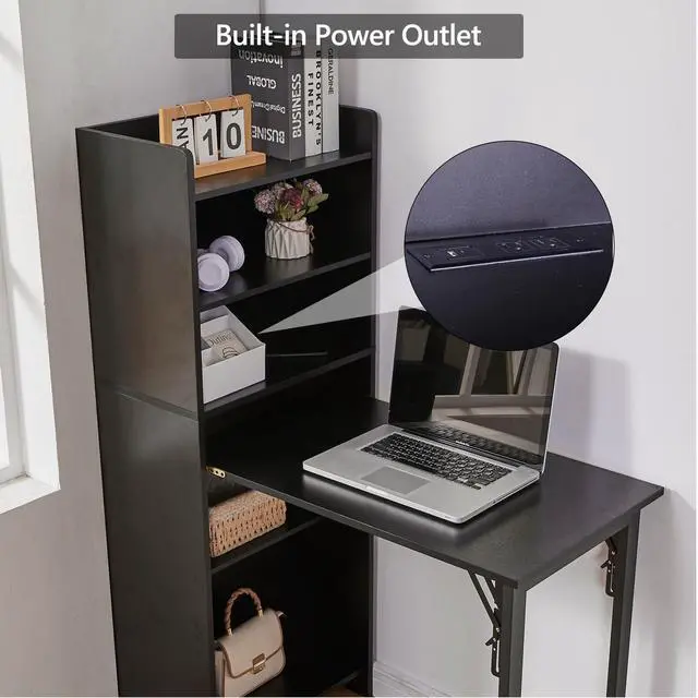 Alt view image 6 of 6 - Foldable Desk with Storage,Hidden Desk with Built-in Socket,Fold Out Writing Table for Small Spaces,Home Office and Bedroom (Black)