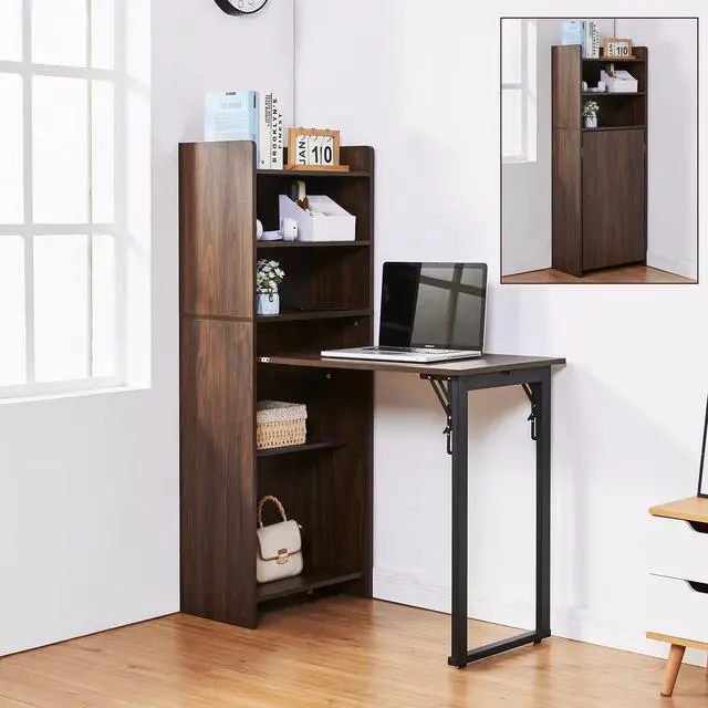 Main image of Foldable Desk with Storage,Hidden Desk with Built-in Socket,Fold Out Writing Table for Small Spaces,Home Office and Bedroom (Dark Walnut)