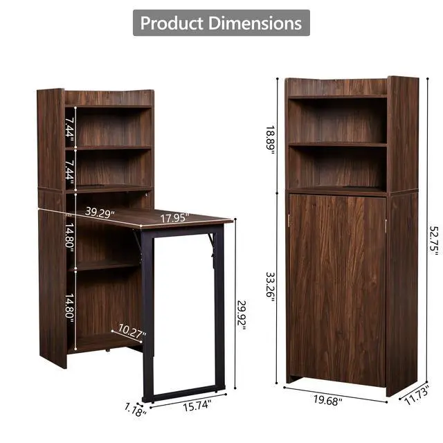 Alt view image 2 of 6 - Foldable Desk with Storage,Hidden Desk with Built-in Socket,Fold Out Writing Table for Small Spaces,Home Office and Bedroom (Dark Walnut)