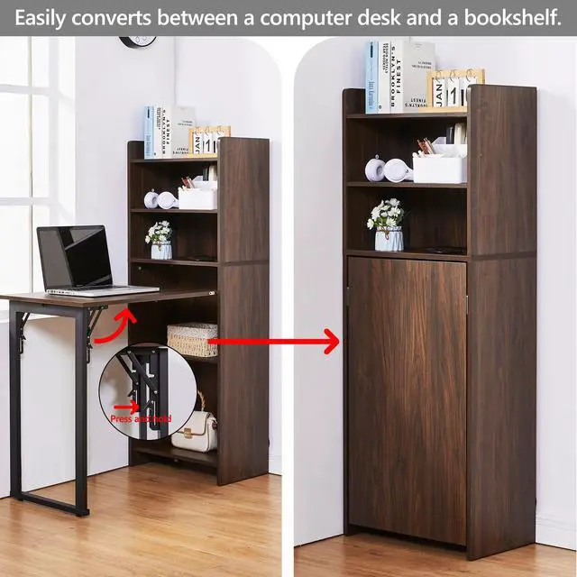 Alt view image 3 of 6 - Foldable Desk with Storage,Hidden Desk with Built-in Socket,Fold Out Writing Table for Small Spaces,Home Office and Bedroom (Dark Walnut)