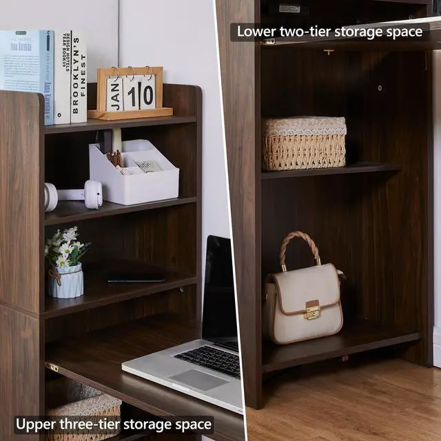 Alt view image 4 of 6 - Foldable Desk with Storage,Hidden Desk with Built-in Socket,Fold Out Writing Table for Small Spaces,Home Office and Bedroom (Dark Walnut)