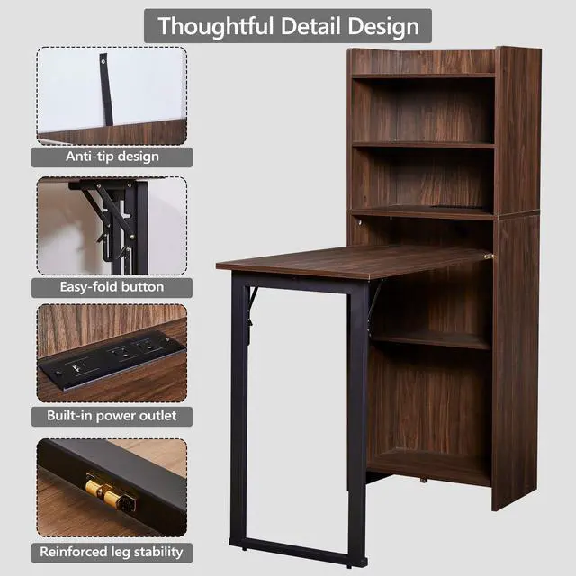 Alt view image 5 of 6 - Foldable Desk with Storage,Hidden Desk with Built-in Socket,Fold Out Writing Table for Small Spaces,Home Office and Bedroom (Dark Walnut)