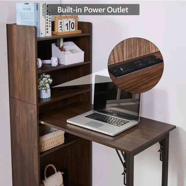 Alt view image 6 of 6 - Foldable Desk with Storage,Hidden Desk with Built-in Socket,Fold Out Writing Table for Small Spaces,Home Office and Bedroom (Dark Walnut)