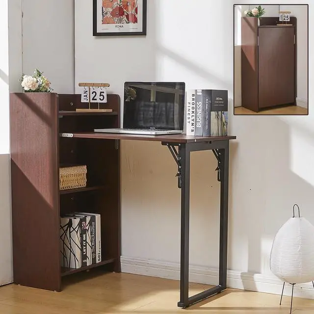 Main image of Foldable Desk,Hidden Desk with Storage and Built-in Socket,Mid Century Fold Out Table for Small Spaces,Home Office and Bedroom (Brown)