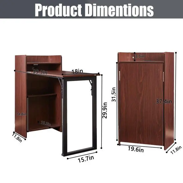 Alt view image 2 of 6 - Foldable Desk,Hidden Desk with Storage and Built-in Socket,Mid Century Fold Out Table for Small Spaces,Home Office and Bedroom (Brown)