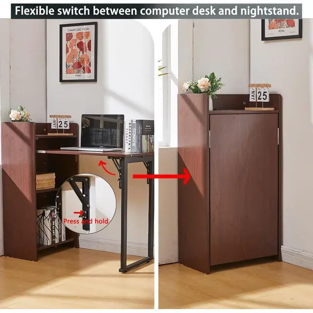 Alt view image 3 of 6 - Foldable Desk,Hidden Desk with Storage and Built-in Socket,Mid Century Fold Out Table for Small Spaces,Home Office and Bedroom (Brown)