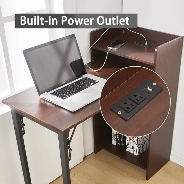 Alt view image 5 of 6 - Foldable Desk,Hidden Desk with Storage and Built-in Socket,Mid Century Fold Out Table for Small Spaces,Home Office and Bedroom (Brown)