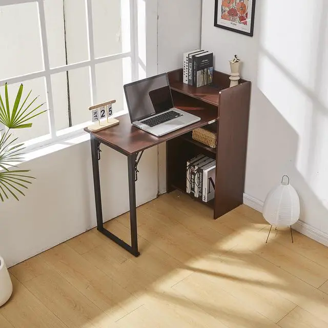 Alt view image 6 of 6 - Foldable Desk,Hidden Desk with Storage and Built-in Socket,Mid Century Fold Out Table for Small Spaces,Home Office and Bedroom (Brown)