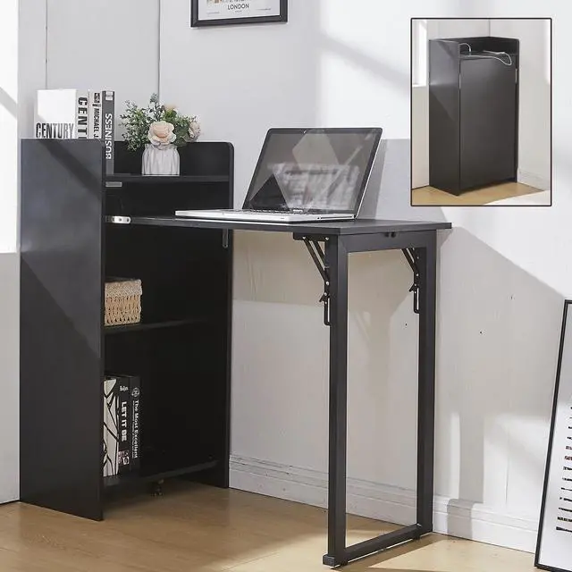 Main image of Foldable Desk,Hidden Desk with Storage and Built-in Socket,Mid Century Fold Out Table for Small Spaces,Home Office and Bedroom (Black)
