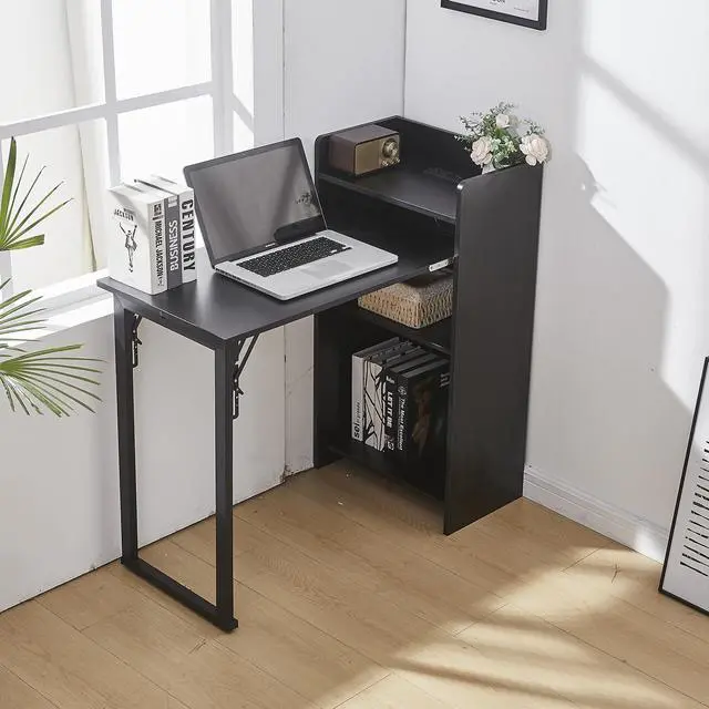 Alt view image 2 of 6 - Foldable Desk,Hidden Desk with Storage and Built-in Socket,Mid Century Fold Out Table for Small Spaces,Home Office and Bedroom (Black)