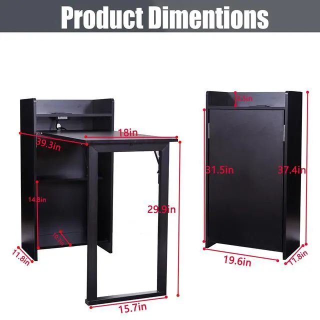 Alt view image 3 of 6 - Foldable Desk,Hidden Desk with Storage and Built-in Socket,Mid Century Fold Out Table for Small Spaces,Home Office and Bedroom (Black)